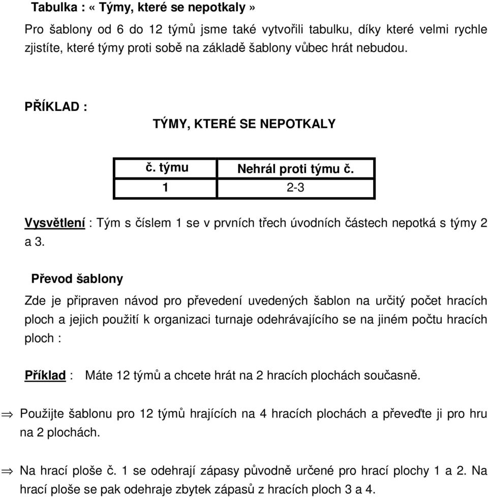 Převod šablony Zde je připraven návod pro převedení uvedených šablon na určitý počet hracích ploch a jejich použití k organizaci turnaje odehrávajícího se na jiném počtu hracích ploch : Příklad :