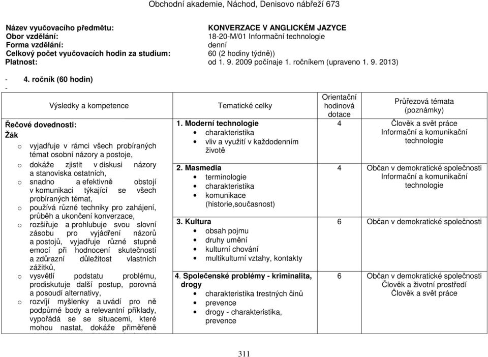 ročník (60 hodin) - Výsledky a kompetence Řečové dovednosti: Žák o vyjadřuje v rámci všech probíraných témat osobní názory a postoje, o dokáže zjistit v diskusi názory a stanoviska ostatních, o