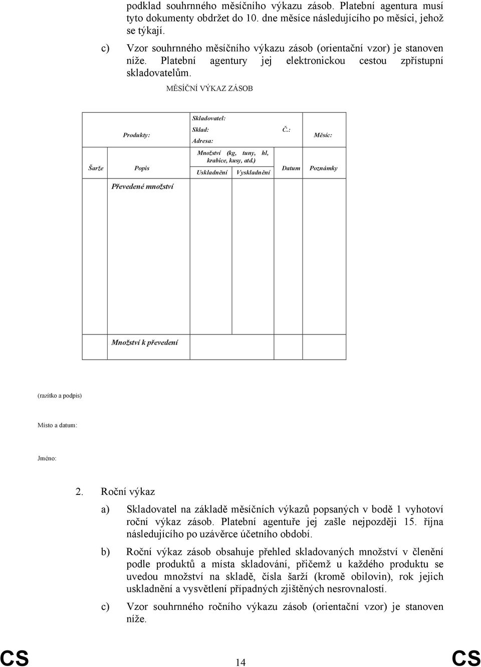 MĚSÍČNÍ VÝKAZ ZÁSOB Skladovatel: Produkty: Sklad: Adresa: Č.: Měsíc: Šarže Popis Množství (kg, tuny, hl, krabice, kusy, atd.