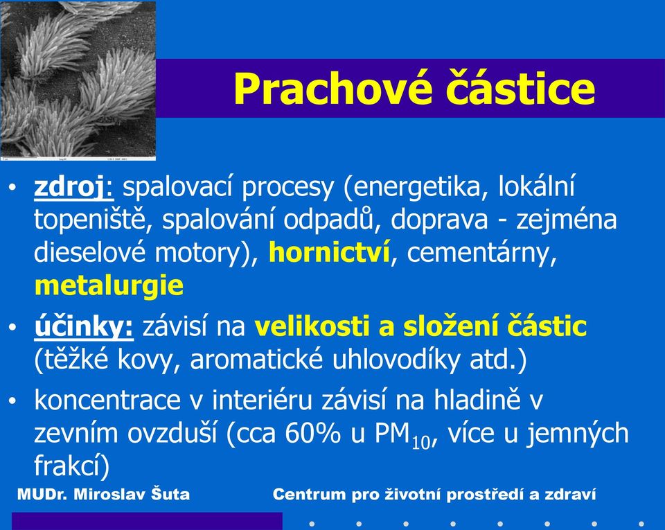 závisí na velikosti a složení částic (těžké kovy, aromatické uhlovodíky atd.