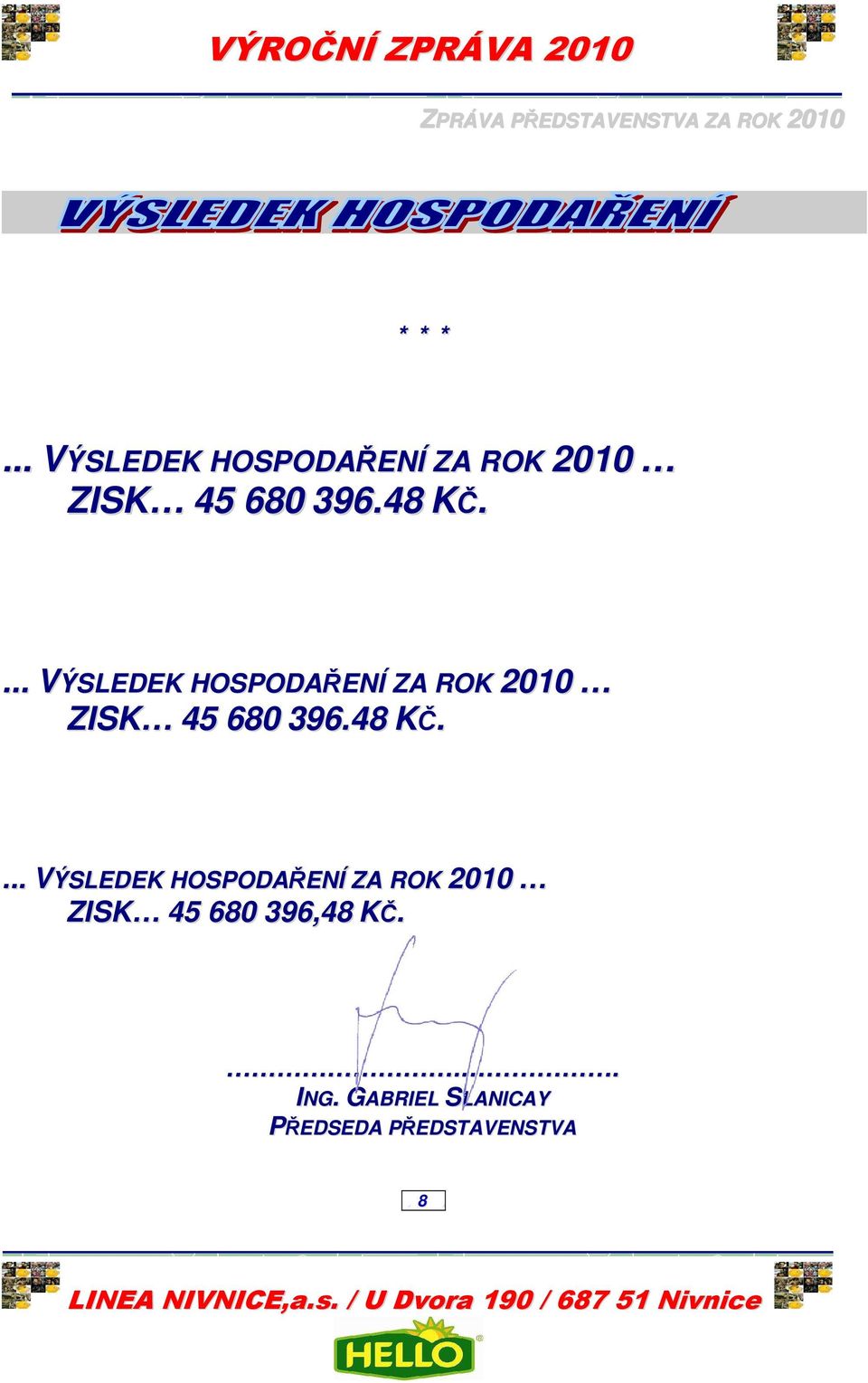 .... VÝSLEDEK HOSPODAŘENÍ ZA ROK 2010 ZISK 45 680 396,48 KČ... ING.