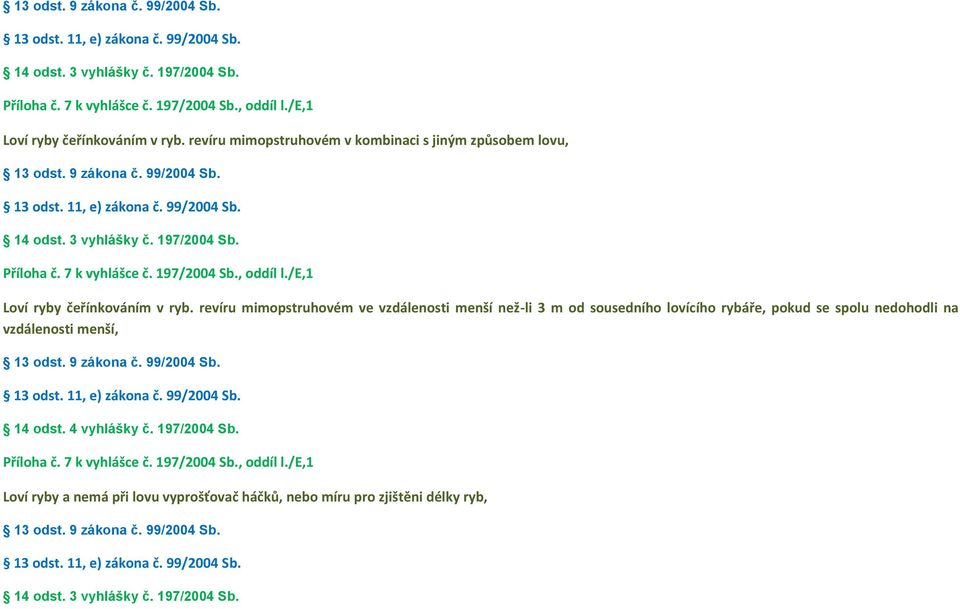lovícího rybáře, pokud se spolu nedohodli na vzdálenosti menší, 14 odst. 4 vyhlášky č. 197/2004 Sb. Příloha č. 7 k vyhlášce č.