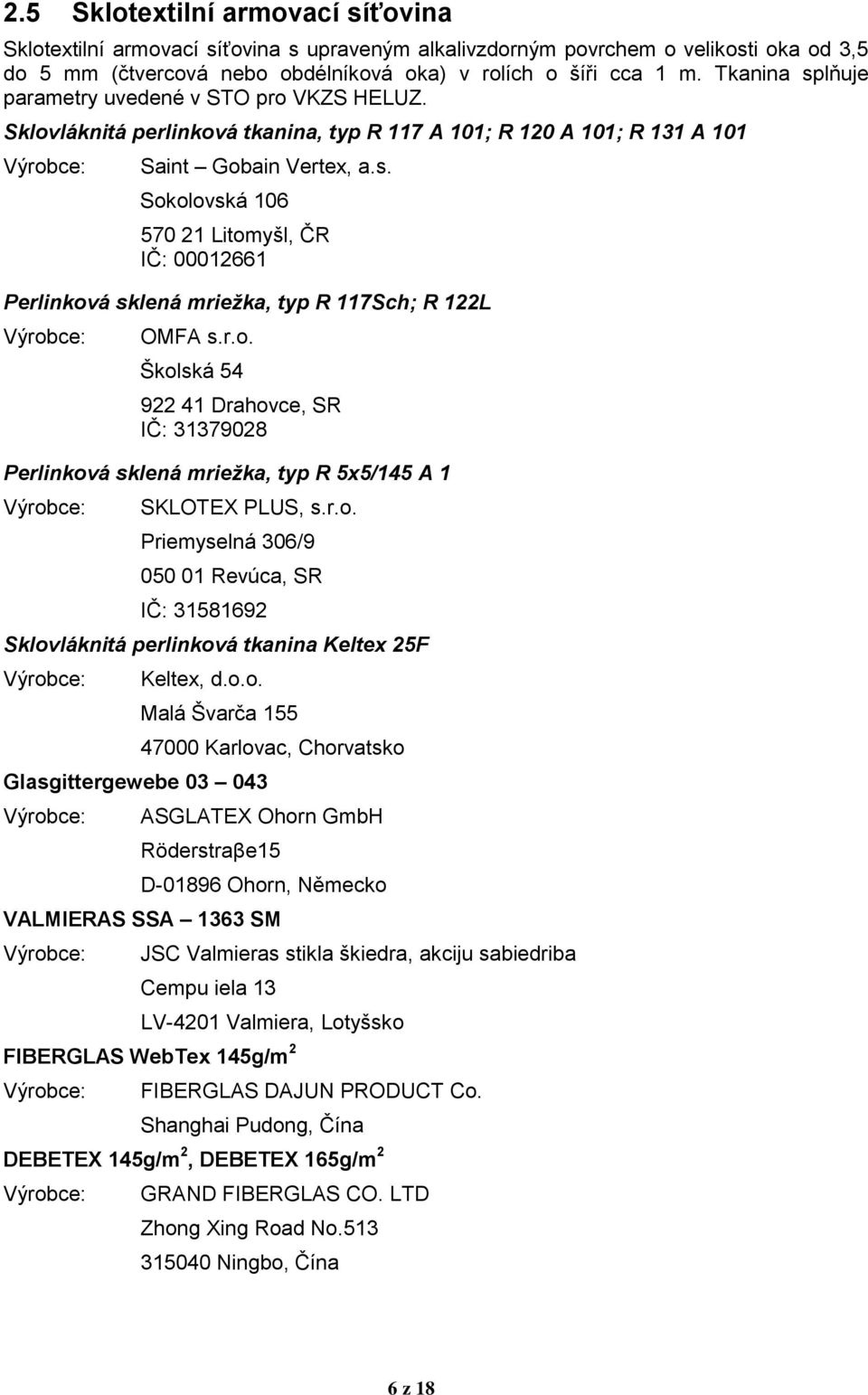 r.o. Školská 54 922 41 Drahovce, SR IČ: 31379028 Perlinková sklená mriežka, typ R 5x5/145 A 1 SKLOTEX PLUS, s.r.o. Priemyselná 306/9 050 01 Revúca, SR IČ: 31581692 Sklovláknitá perlinková tkanina Keltex 25F Keltex, d.