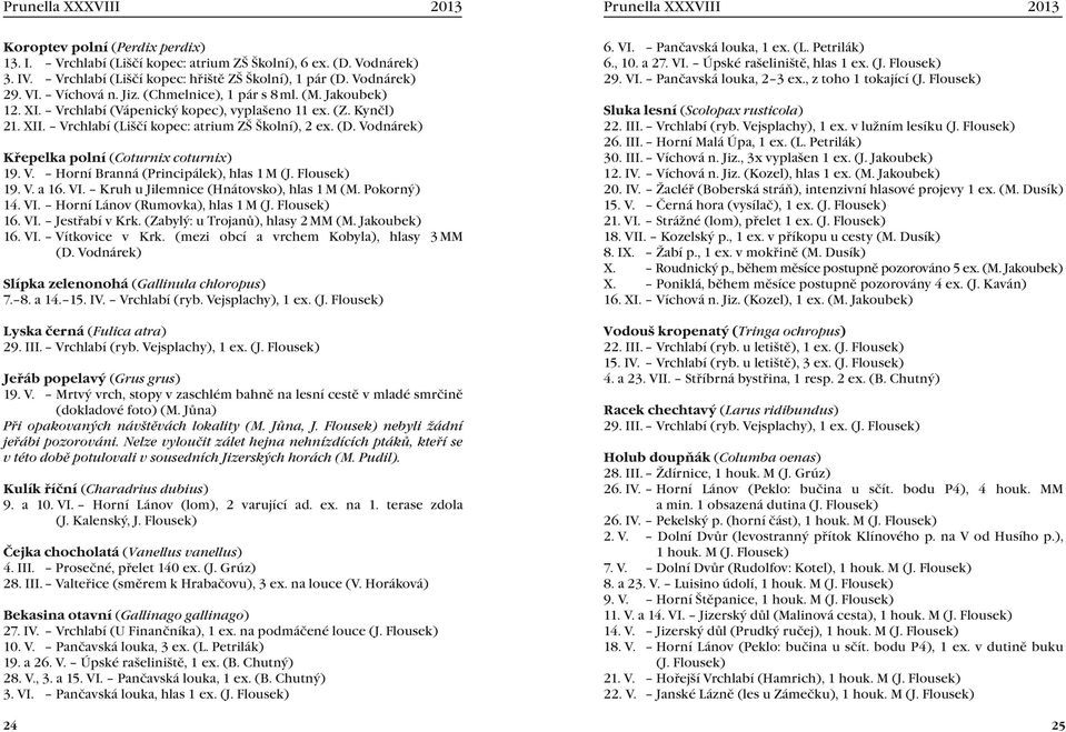 Vodnárek) Křepelka polní (Coturnix coturnix) 19. V. Horní Branná (Principálek), hlas 1 M 19. V. a 16. VI. Kruh u Jilemnice (Hnátovsko), hlas 1 M (M. Pokorný) 14. VI. Horní Lánov (Rumovka), hlas 1 M 16.