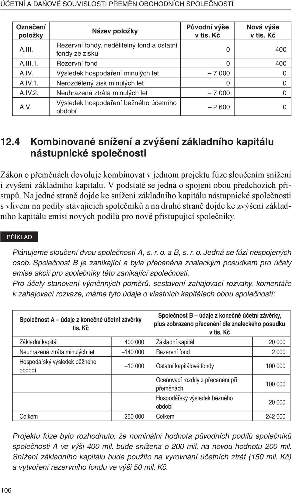 4 Kombinované snížení a zvýšení základního kapitálu nástupnické společnosti Zákon o přeměnách dovoluje kombinovat v jednom projektu fúze sloučením snížení i zvýšení základního kapitálu.