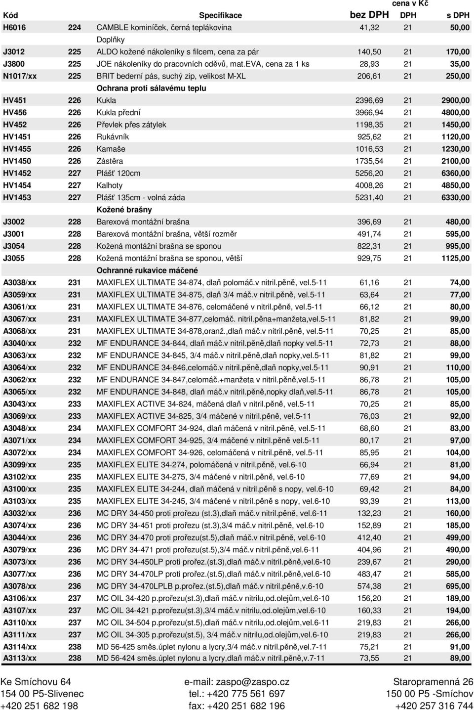 eva, cena za 1 ks 28,93 21 35,00 N1017/xx 225 BRIT bederní pás, suchý zip, velikost M-XL 206,61 21 250,00 Ochrana proti sálavému teplu HV451 226 Kukla 2396,69 21 2900,00 HV456 226 Kukla přední