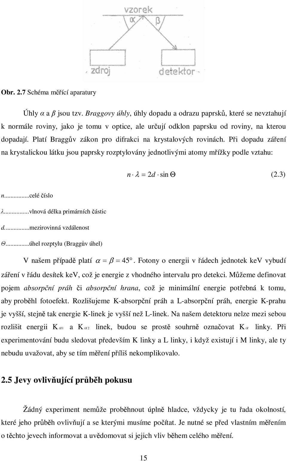 Platí Braggv zákon pro difrakci na krystalových rovinách. Pi dopadu záení na krystalickou látku jsou paprsky rozptylovány jednotlivými atomy mížky podle vztahu: n 2d sin (2.3) n...celé íslo.