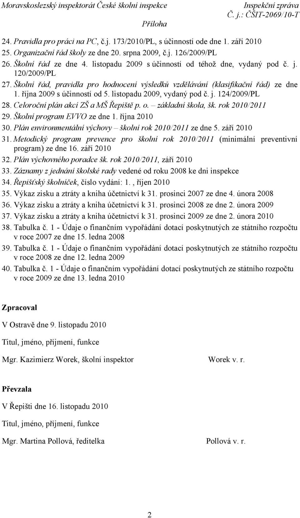 Školní řád, pravidla pro hodnocení výsledků vzdělávání (klasifikační řád) ze dne 1. října 2009 s účinností od 5. listopadu 2009, vydaný pod č. j. 124/2009/PL 28. Celoroční plán akcí ZŠ a MŠ Řepiště p.