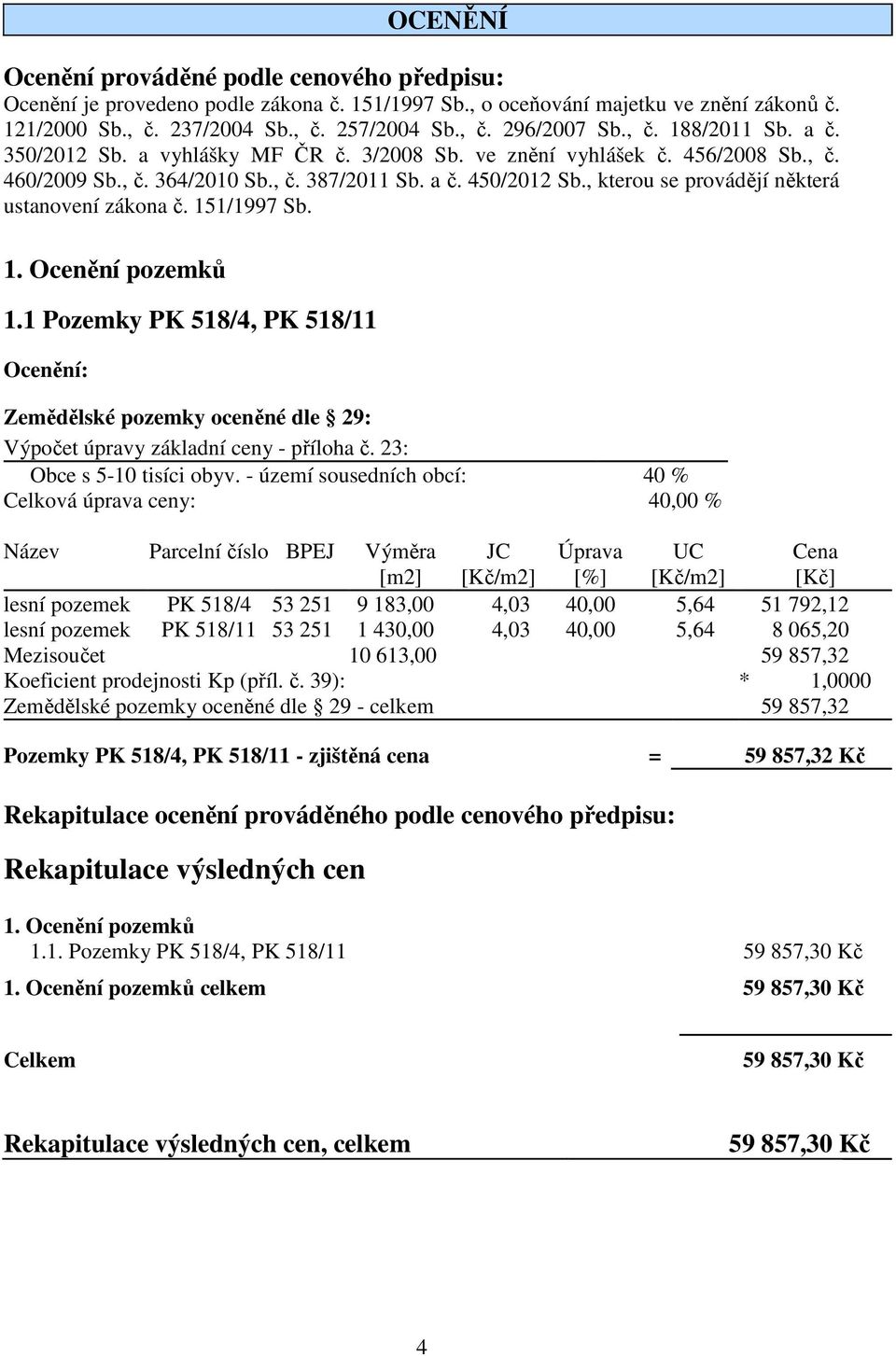 , kterou se provádějí některá ustanovení zákona č. 151/1997 Sb. 1.1 Pozemky PK 518/4, PK 518/11 Ocenění: Zemědělské pozemky oceněné dle 29: Výpočet úpravy základní ceny - příloha č.