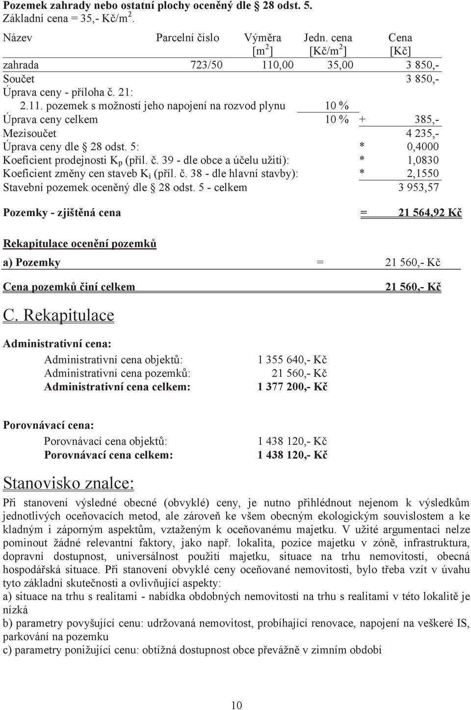 5: * 0,4000 Koeficient prodejnosti K p (píl.. 39 - dle obce a úelu užití): * 1,0830 Koeficient zmny cen staveb K i (píl.. 38 - dle hlavní stavby): * 2,1550 Stavební pozemek ocenný dle 28 odst.