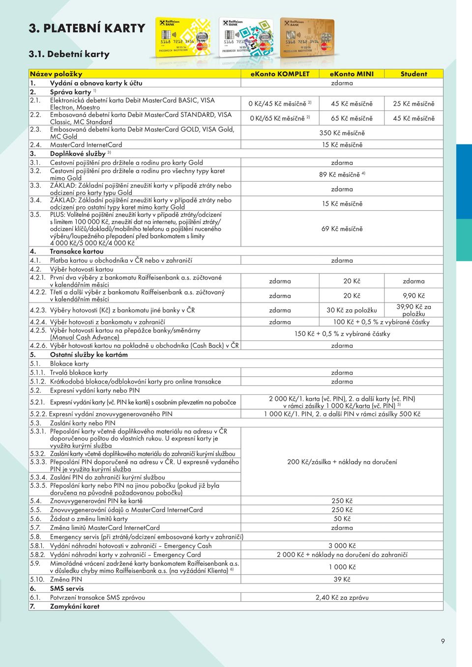 Embosovaná debetní karta Debit MasterCard GOLD, VISA Gold, MC Gold 350 Kč měsíčně 2.4. MasterCard InternetCard 15 Kč měsíčně 3. Doplňkové služby 3) 3.1. Cestovní pojištění pro držitele a rodinu pro karty Gold 3.