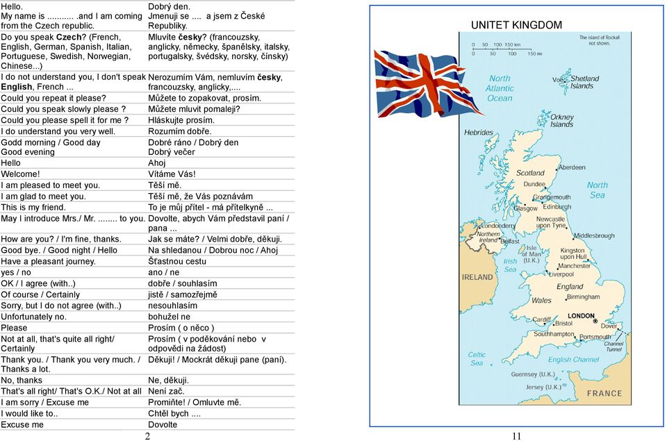 (francouzsky, anglicky, německy, španělsky, italsky, portugalsky, švédsky, norsky, čínsky) I do not understand you, I don't speak Nerozumím Vám, nemluvím česky, English, French.