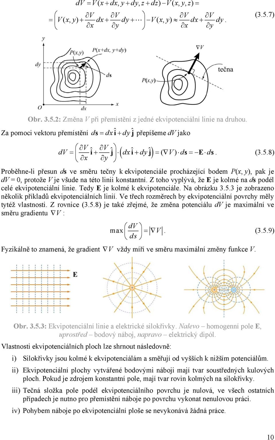 konstantní Z toho vyplývá, že E je kolmé na ds podél celé ekvipotenciální linie Tedy E je kolmé k ekvipotenciále Na obázku 353 je zobazeno několik příkladů ekvipotenciálních linií Ve třech ozměech by