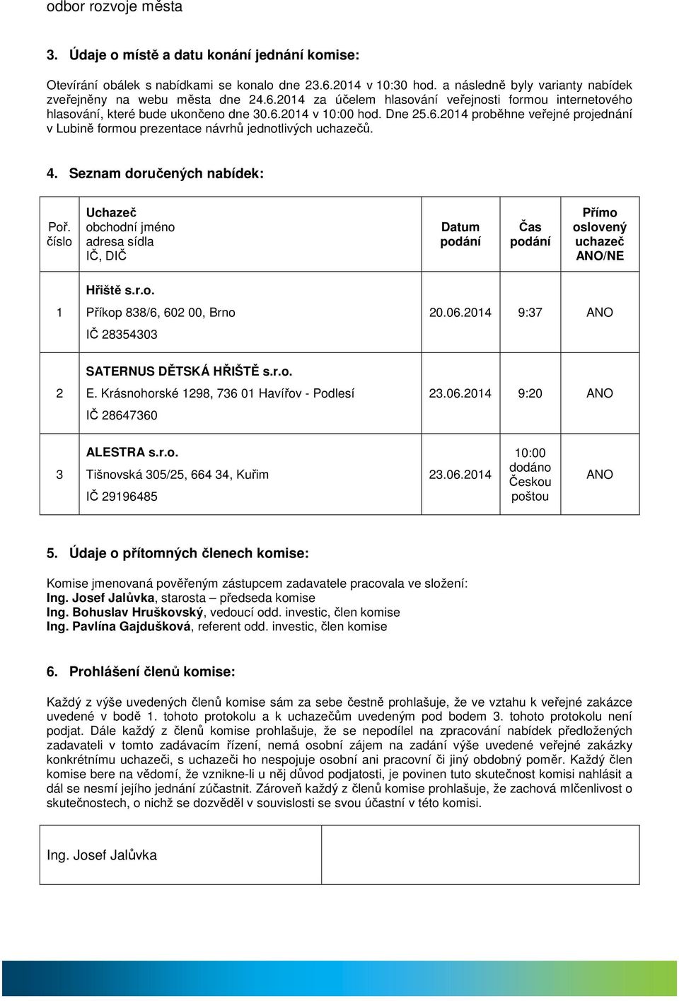 číslo Uchazeč obchodní jméno adresa sídla IČ, DIČ Datum podání Čas podání Přímo oslovený uchazeč /NE IČ 8540 0.06.04 9:7 E. Krásnohorské 98, 76 0 Havířov - Podlesí IČ 864760.06.04 9:0 IČ 996485.06.04 0:00 dodáno Českou poštou 5.