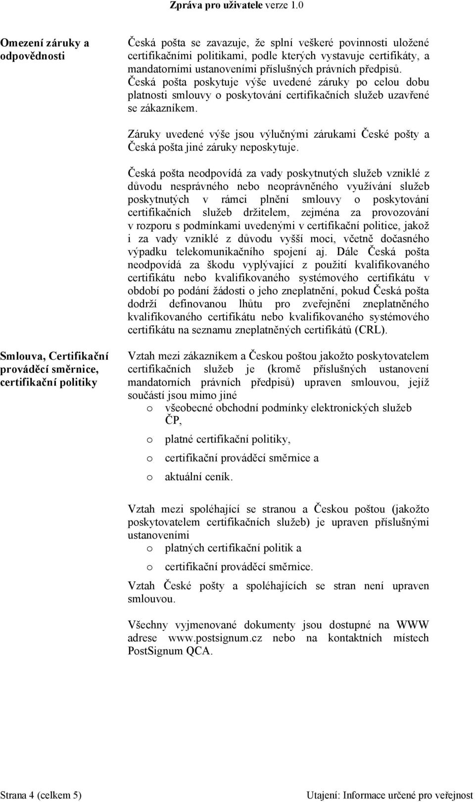 předpisů. Česká pšta pskytuje výše uvedené záruky p celu dbu platnsti smluvy pskytvání certifikačních služeb uzavřené se zákazníkem.