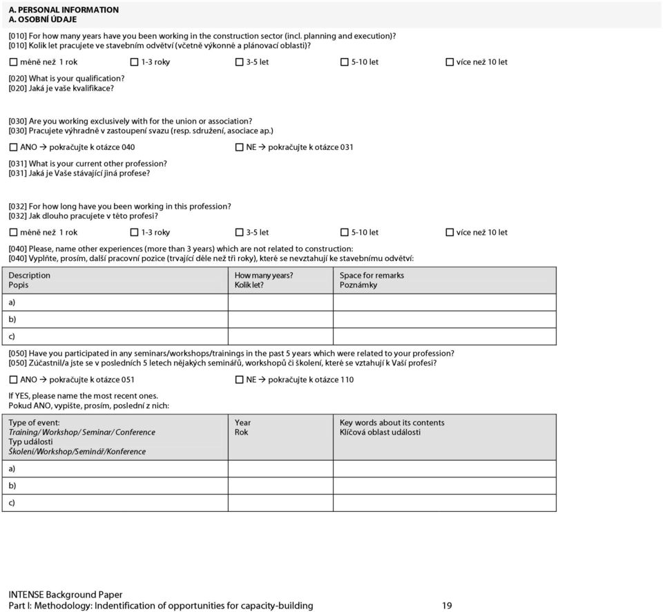 [020] Jaká je vaše kvalifikace? [030] Are you working exclusively with for the union or association? [030] Pracujete výhradně v zastoupení svazu (resp. sdružení, asociace ap.