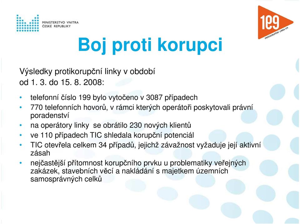 poradenství na operátory linky se obrátilo 230 nových klientů ve 110 případech TIC shledala korupční potenciál TIC otevřela celkem