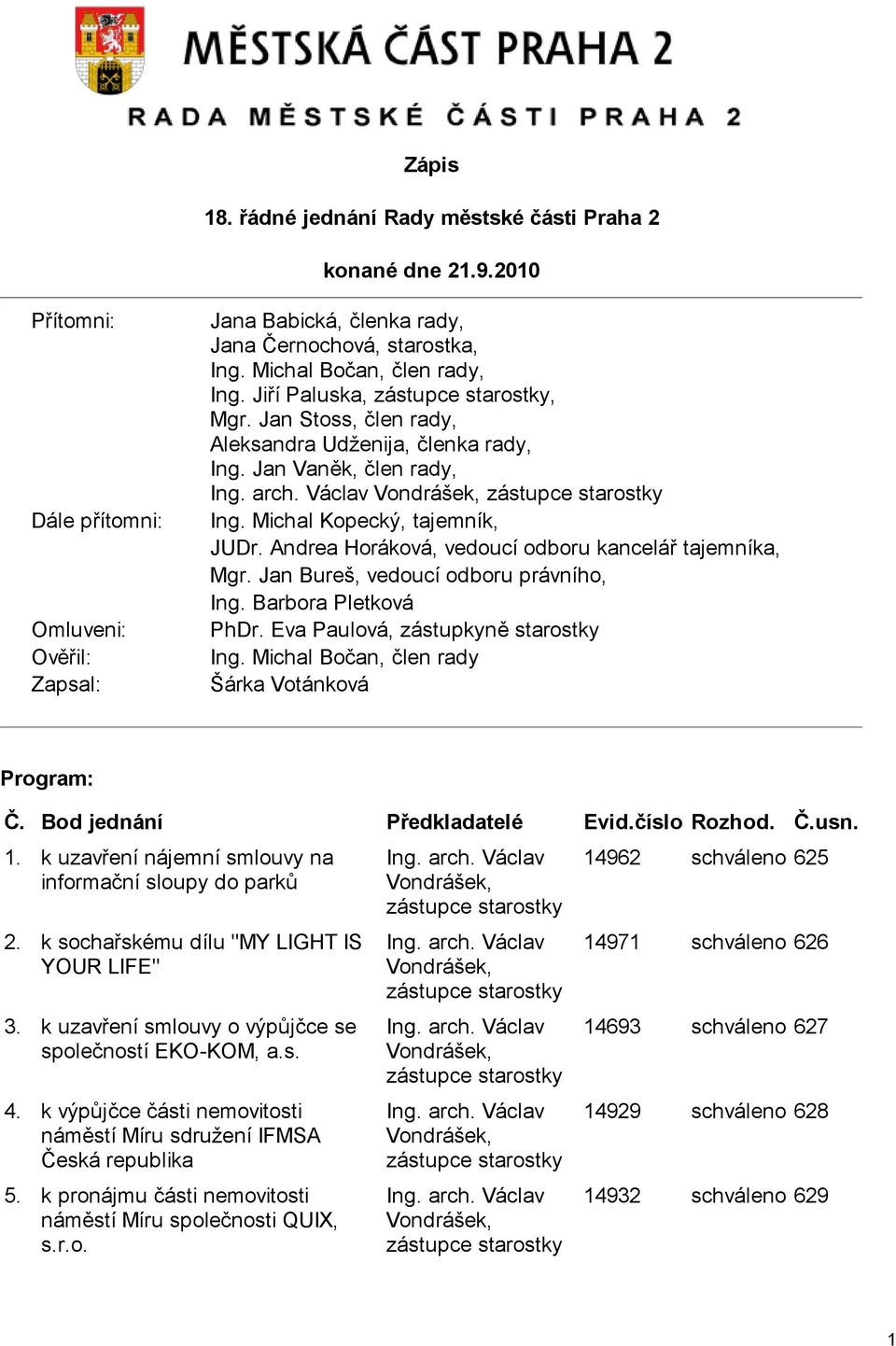 Václav Vondrášek, zástupce starostky Ing. Michal Kopecký, tajemník, JUDr. Andrea Horáková, vedoucí odboru kancelář tajemníka, Mgr. Jan Bureš, vedoucí odboru právního, Ing. Barbora Pletková PhDr.