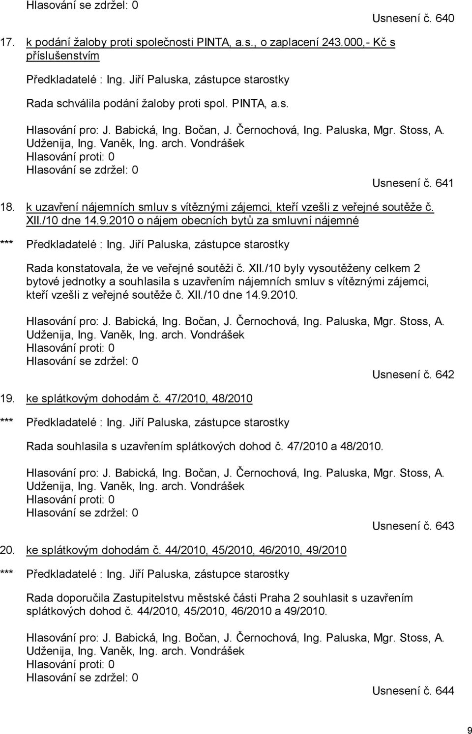 /10 dne 14.9.2010 o nájem obecních bytů za smluvní nájemné *** Předkladatelé : Ing. Jiří Paluska, zástupce starostky Rada konstatovala, že ve veřejné soutěži č. XII.