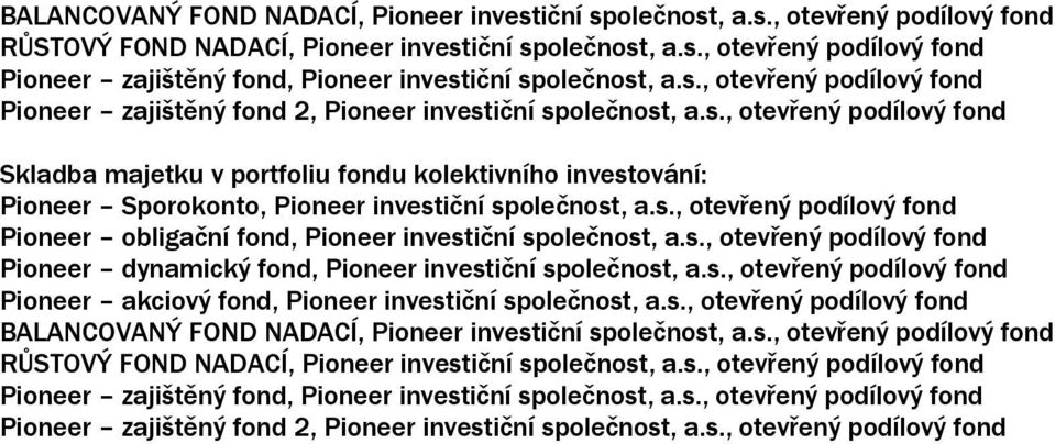 Sporokonto, Pioneer obligační fond, Pioneer dynamický fond, Pioneer akciový fond, 