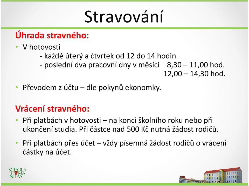 Vrácení stravného: Při platbách vhotovosti na konci školního roku nebo při ukončení studia.