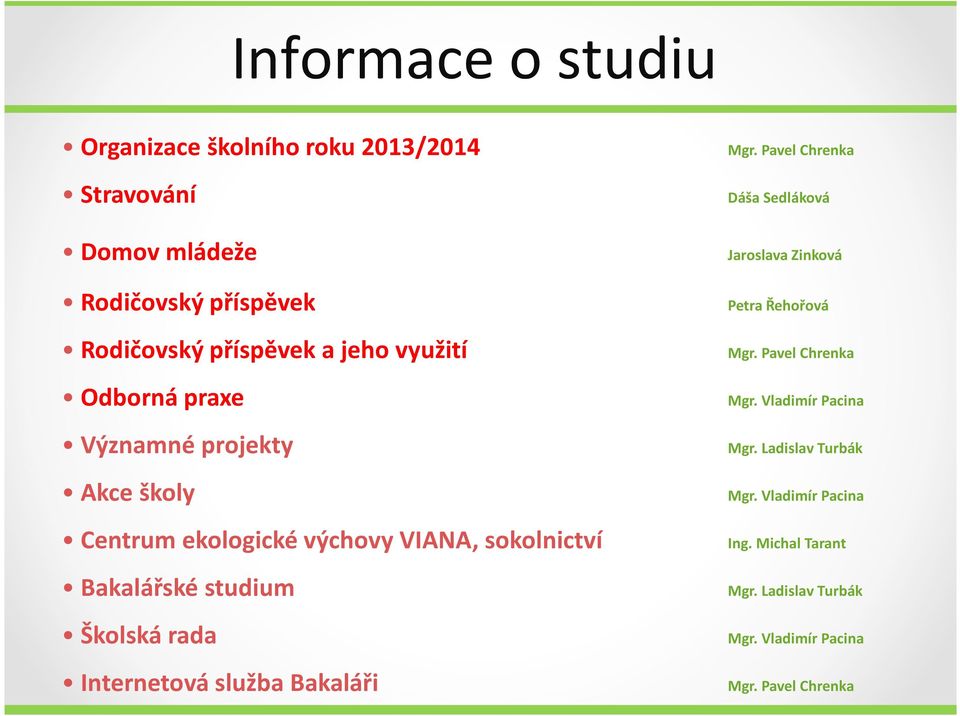 Internetová služba Bakaláři Mgr. Pavel Chrenka Dáša Sedláková Jaroslava Zinková Petra Řehořová Mgr. Pavel Chrenka Mgr.