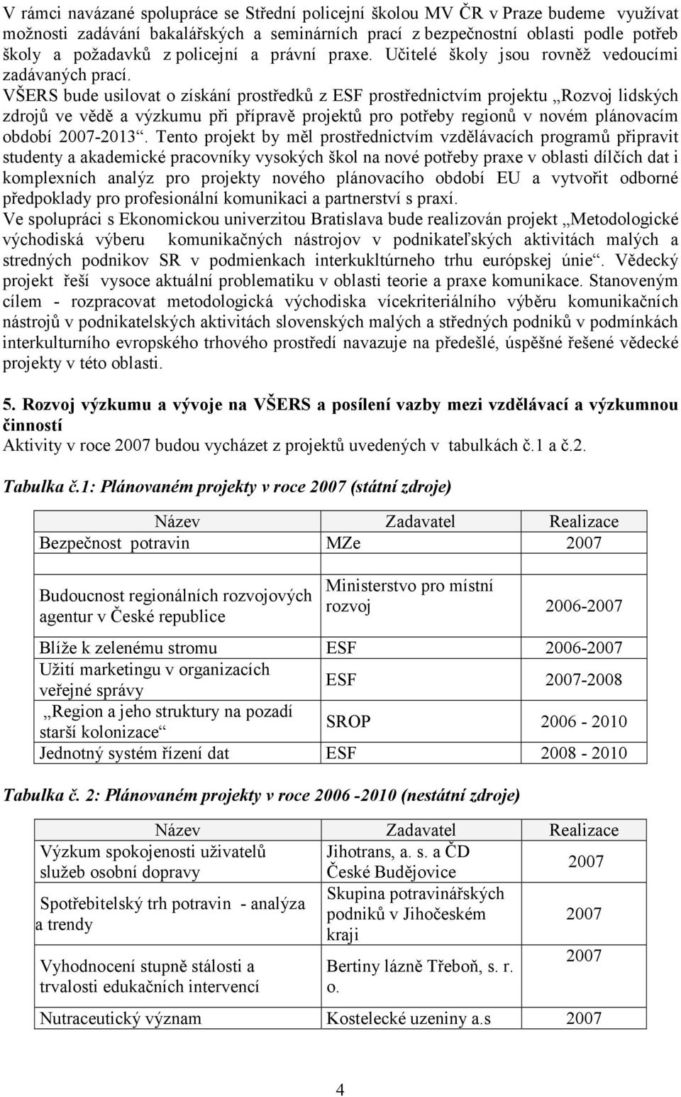 VŠERS bude usilovat o získání prostředků z ESF prostřednictvím projektu Rozvoj lidských zdrojů ve vědě a výzkumu při přípravě projektů pro potřeby regionů v novém plánovacím období 2007-2013.