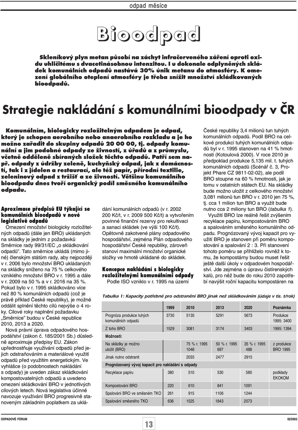 Strategie nakládání s komunálními bioodpady v ČR Komunálním, biologicky rozložitelným odpadem je odpad, který je schopen aerobního nebo anaerobního rozkladu a je ho možno zařadit do skupiny odpadů 20