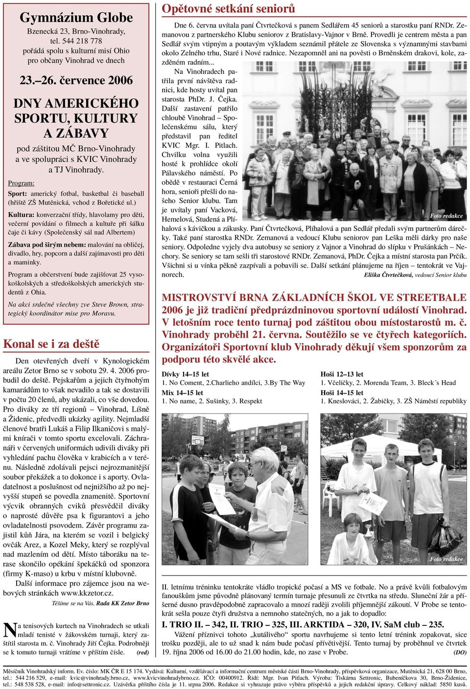Program: Sport: americk fotbal, basketbal Ëi baseball (h iötï Zä MutÏnick, vchod z Bo etickè ul.