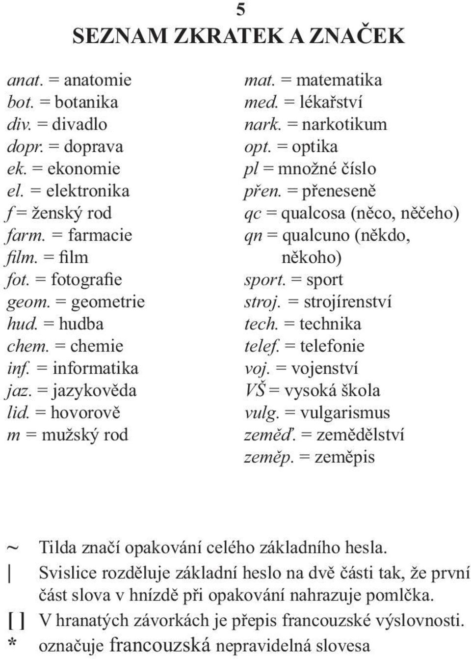 = přeneseně qc = qualcosa (něco, něčeho) qn = qualcuno (někdo, někoho) sport. = sport stroj. = strojírenství tech. = technika telef. = telefonie voj. = vojenství VŠ = vysoká škola vulg.