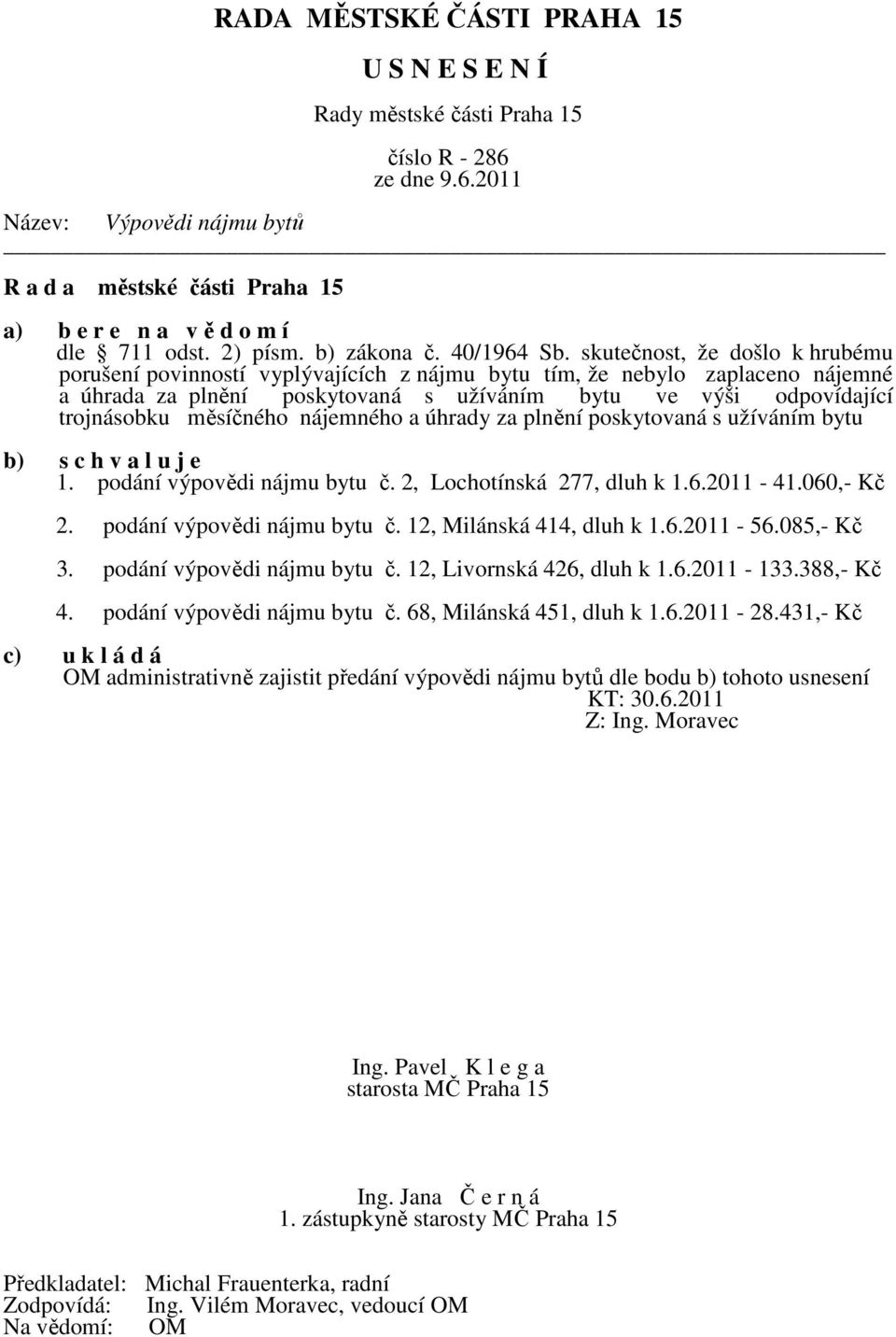měsíčného nájemného a úhrady za plnění poskytovaná s užíváním bytu b) s c h v a l u j e 1. podání výpovědi nájmu bytu č. 2, Lochotínská 277, dluh k 1.6.2011-41.060,- Kč 2.