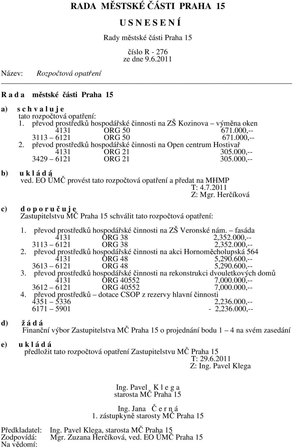 EO ÚMČ provést tato rozpočtová opatření a předat na MHMP T: 4.7.2011 Z: Mgr. Herčíková c) d o p o r u č u j e Zastupitelstvu MČ Praha 15 schválit tato rozpočtová opatření: 1.