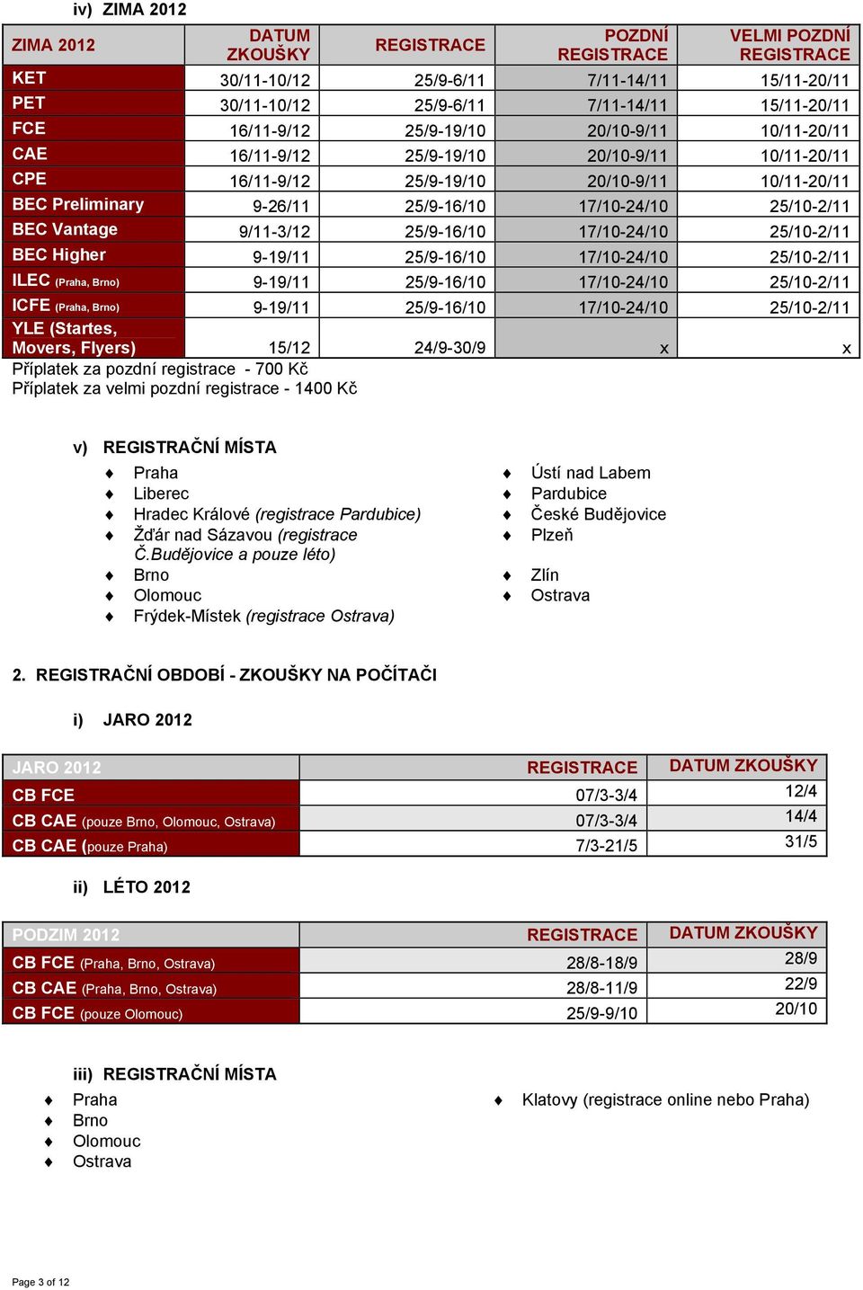 25/10-2/11 BEC Vantage 9/11-3/12 25/9-16/10 17/10-24/10 25/10-2/11 BEC Higher 9-19/11 25/9-16/10 17/10-24/10 25/10-2/11 ILEC (Praha, Brno) 9-19/11 25/9-16/10 17/10-24/10 25/10-2/11 ICFE (Praha, Brno)