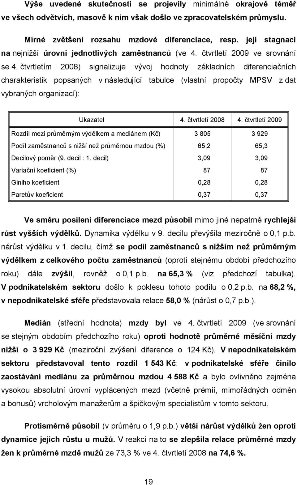 čtvrtletím 2008) signalizuje vývoj hodnoty základních diferenciačních charakteristik popsaných v následující tabulce (vlastní propočty MPSV z dat vybraných organizací): Ukazatel 4. čtvrtletí 2008 4.