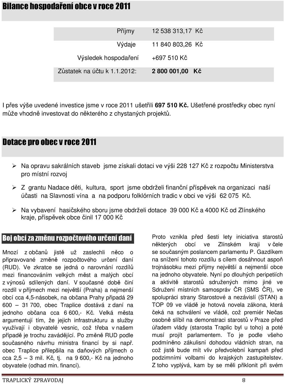 Dotace pro obec v roce 2011 Na opravu sakrálních staveb jsme získali dotaci ve výši 228 127 Kč z rozpočtu Ministerstva pro místní rozvoj Z grantu Nadace děti, kultura, sport jsme obdrželi finanční