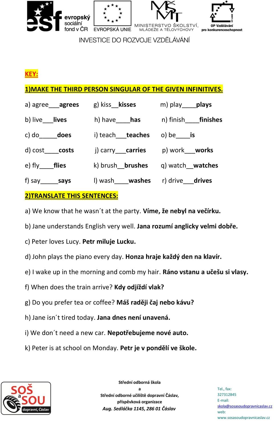 wtches f) sy sys l) wsh wshes r) drive drives 2)TRANSLATE THIS SENTENCES: ) We know tht he wsn t t the prty. Víme, že nebyl n večírku. b) Jne understnds English very well.