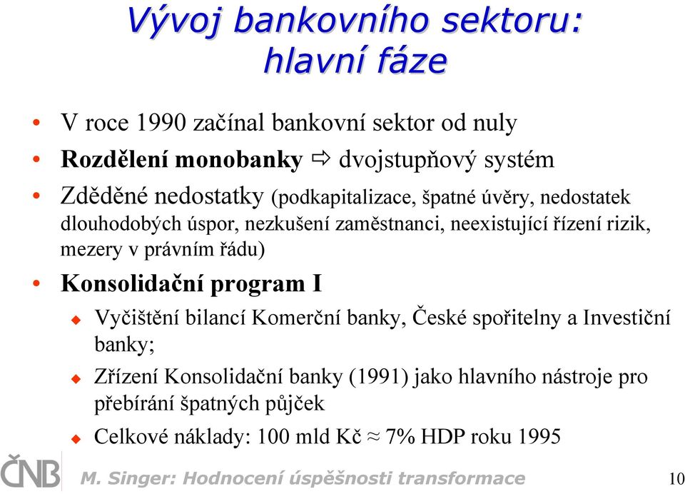 právním řádu) Konsolidační program I Vyčištění bilancí Komerční banky, České spořitelny a Investiční banky; Zřízení Konsolidační banky