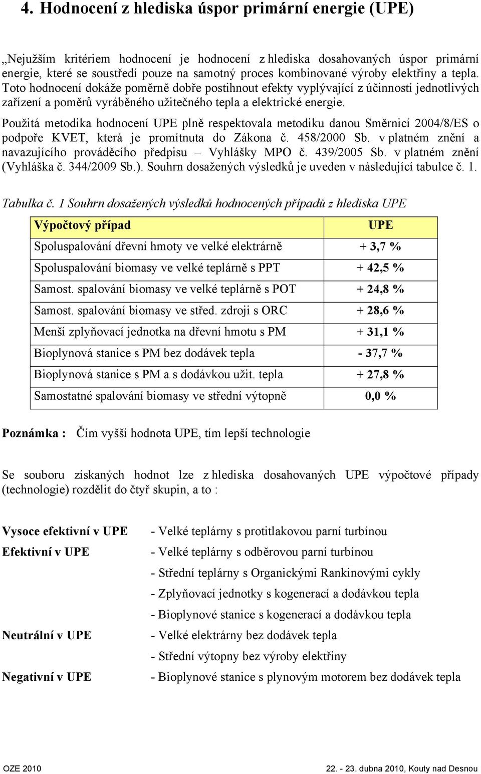 Použitá metodika hodnocení UPE plně respektovala metodiku danou Směrnicí 2004/8/ES o podpoře KVET, která je promítnuta do Zákona č. 458/2000 Sb.