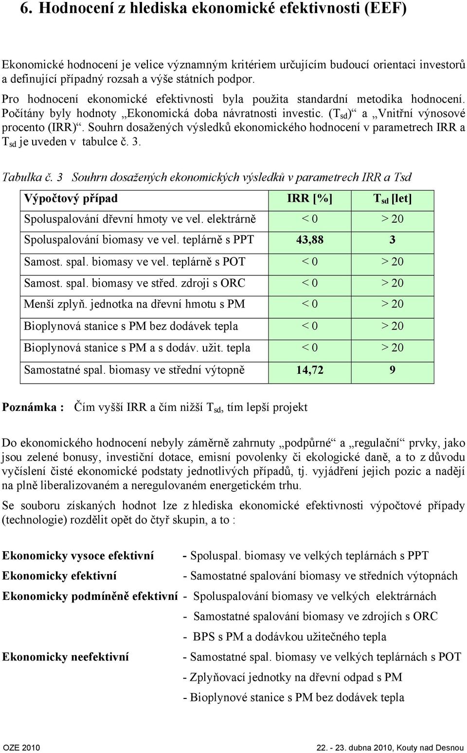 Souhrn dosažených výsledků ekonomického hodnocení v parametrech IRR a T sd je uveden v tabulce č. 3. Tabulka č.