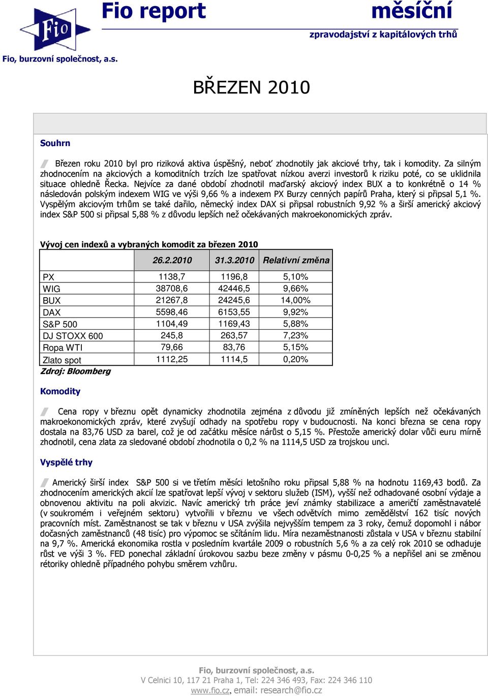 Nejvíce za dané období zhodnotil maďarský akciový index BUX a to konkrétně o 14 % následován polským indexem WIG ve výši 9,66 % a indexem PX Burzy cenných papírů Praha, který si připsal 5,1 %.