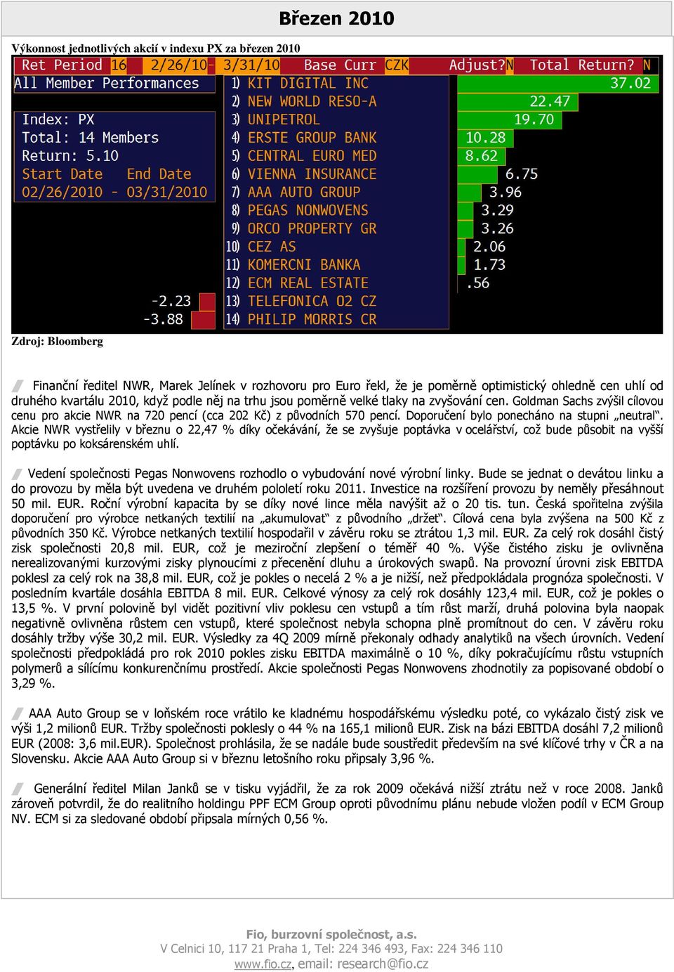 Doporučení bylo ponecháno na stupni neutral. Akcie NWR vystřelily v březnu o 22,47 % díky očekávání, že se zvyšuje poptávka v ocelářství, což bude působit na vyšší poptávku po koksárenském uhlí.