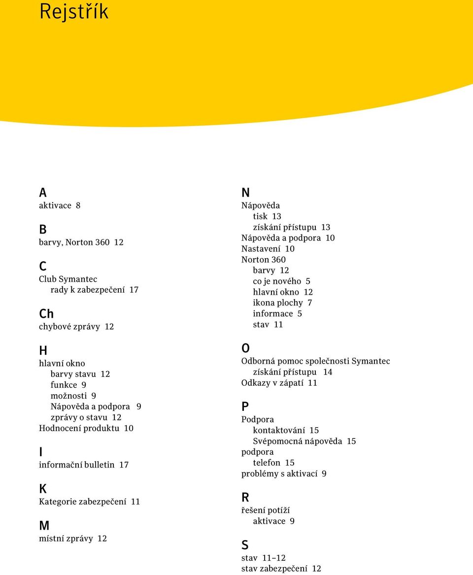 Nápověda a podpora 10 Nastavení 10 Norton 360 barvy 12 co je nového 5 hlavní okno 12 ikona plochy 7 informace 5 stav 11 O Odborná pomoc společnosti Symantec získání