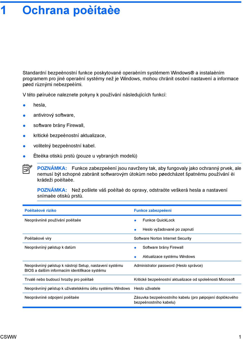 V této pøíruèce naleznete pokyny k používání následujících funkcí: hesla, antivirový software, software brány Firewall, kritické bezpeènostní aktualizace, volitelný bezpeènostní kabel.