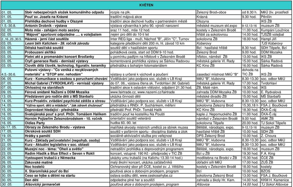 výročí narození městské muzeum skl.expo 9-12,13-16 muzeum ŽB 02. 05. Moto mše - zahájení moto sezóny sraz 11 hod., mše 12 hod. kostely v Železném Brodě 11.00 hod. Kumpáni Loužnice 02. 05. "Májové" sportovní odpoledne.
