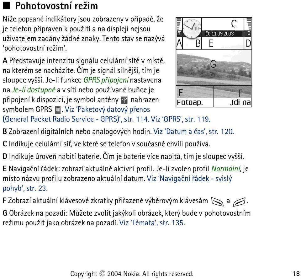 Je-li funkce GPRS pøipojení nastavena na Je-li dostupné a v síti nebo pou¾ívané buòce je pøipojení k dispozici, je symbol antény nahrazen symbolem GPRS.