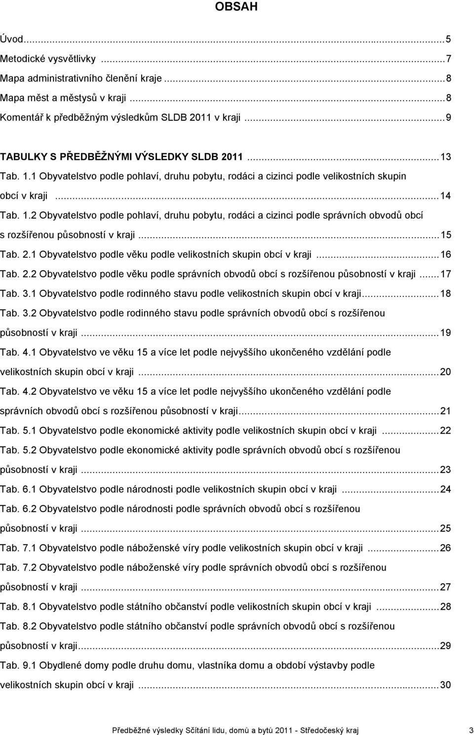 .. 15 Tab. 2.1 podle věku podle velikostních skupin obcí v kraji... 16 Tab. 2.2 podle věku podle správních obvodů obcí s rozšířenou působností v kraji... 17 Tab. 3.