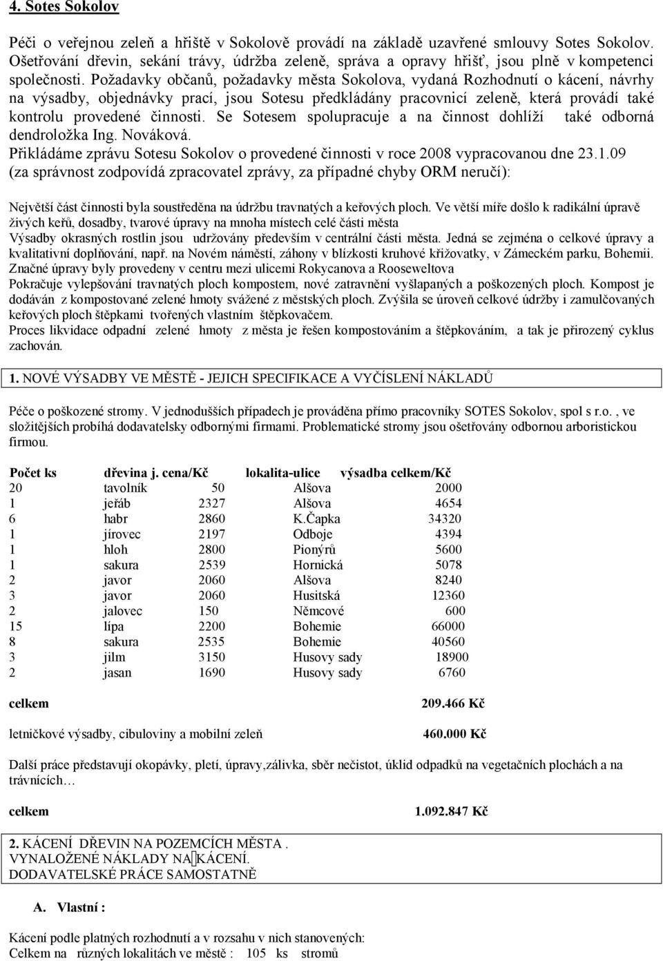 Požadavky občanů, požadavky města Sokolova, vydaná Rozhodnutí o kácení, návrhy na výsadby, objednávky prací, jsou Sotesu předkládány pracovnicí zeleně, která provádí také kontrolu provedené činnosti.