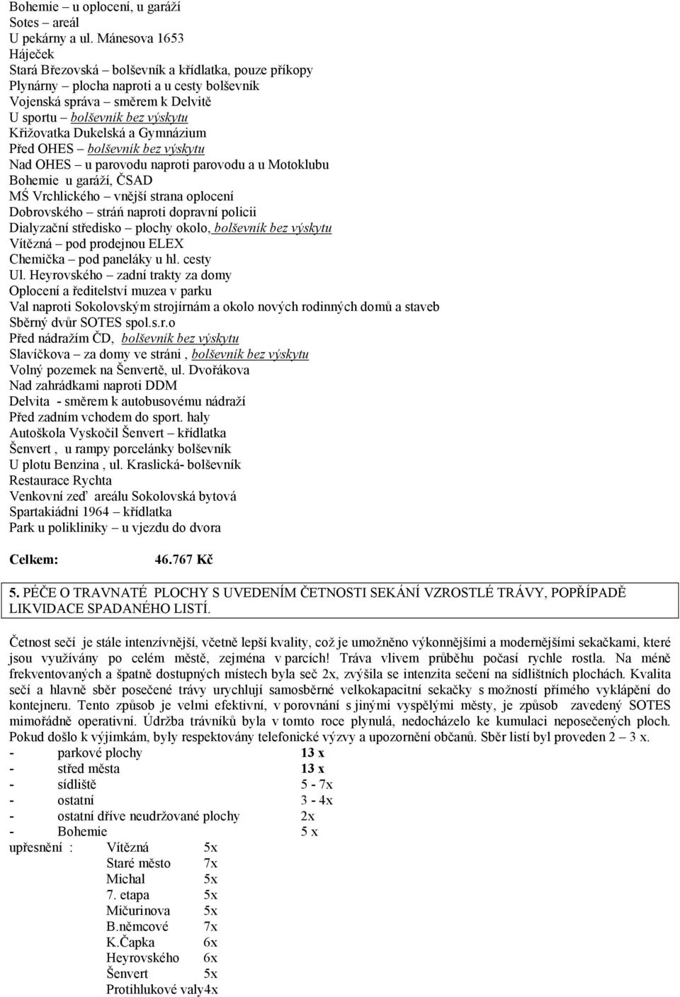 Dukelská a Gymnázium Před OHES bolševník bez výskytu Nad OHES u parovodu naproti parovodu a u Motoklubu Bohemie u garáží, ČSAD MŚ Vrchlického vnější strana oplocení Dobrovského stráń naproti dopravní