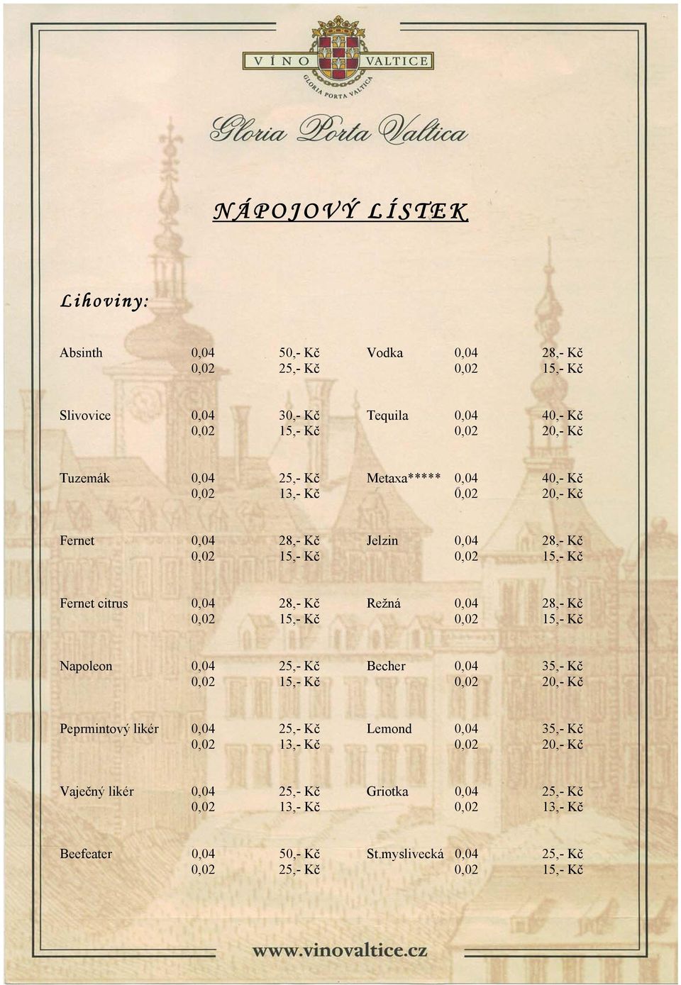 28,- Kč Režná 0,04 28,- Kč 0,02 15,- Kč 0,02 15,- Kč Napoleon 0,04 Becher 0,04 35,- Kč 0,02 15,- Kč 0,02 20,- Kč Peprmintový likér 0,04 Lemond 0,04