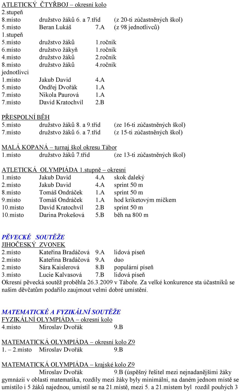 B PŘESPOLNÍ BĚH 5.místo druţstvo ţáků 8. a 9.tříd (ze 16-ti zúčastněných škol) 7.místo druţstvo ţáků 6. a 7.tříd (z 15-ti zúčastněných škol) MALÁ KOPANÁ turnaj škol okresu Tábor 1.